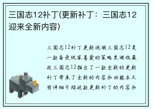 三国志12补丁(更新补丁：三国志12 迎来全新内容)